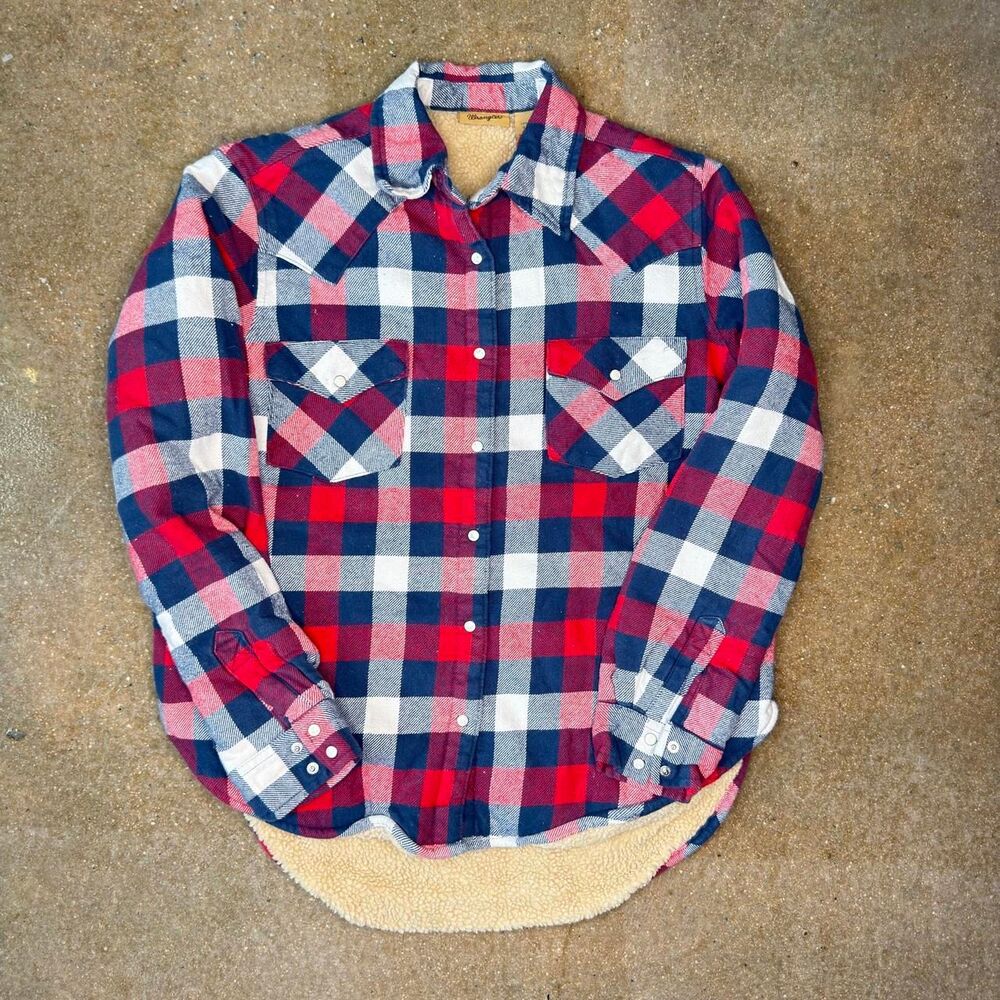Wrangler Sherpa Lined Flannel Shirt Jacket Mens Small Red Plaid Snap Shacket